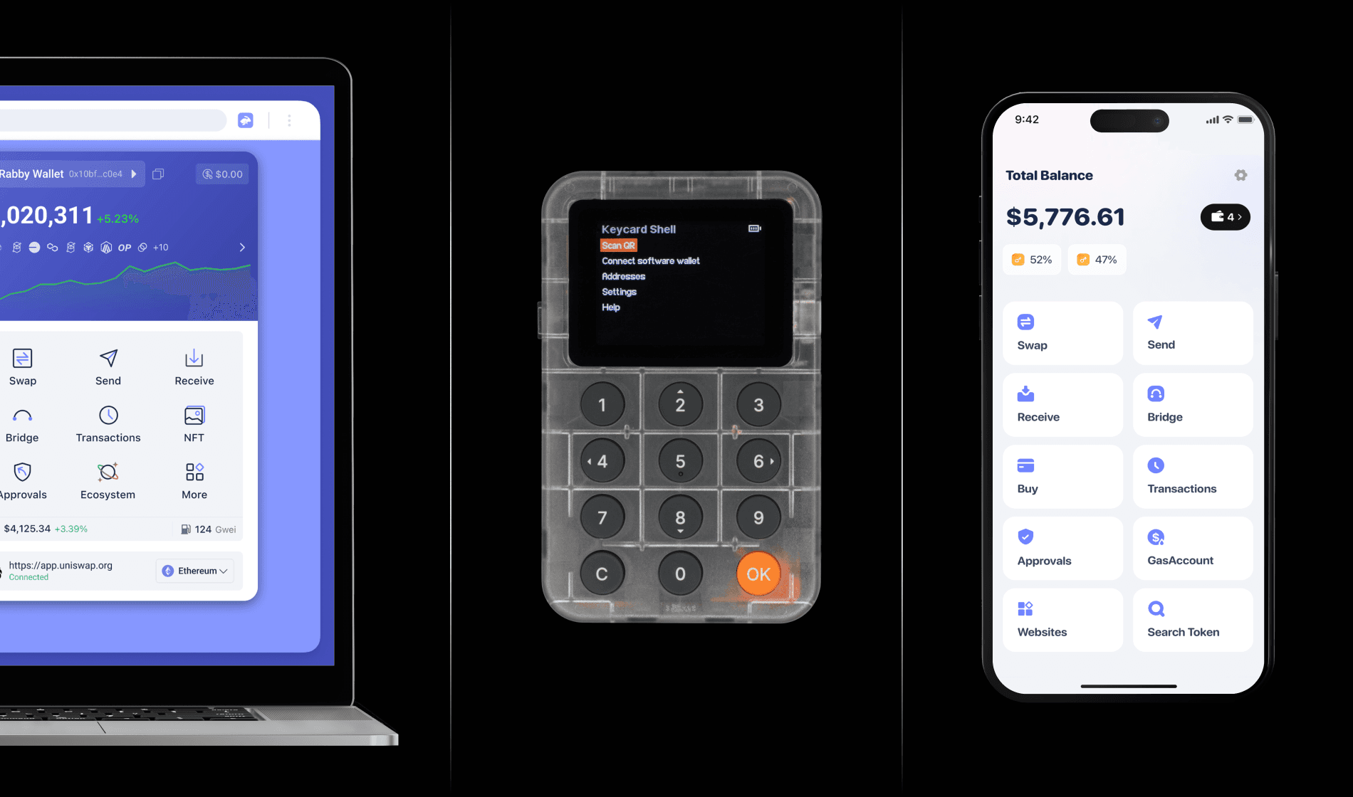 Header image showing Keycard Shell alongside a wallet app on both a mobile phone and a computer.