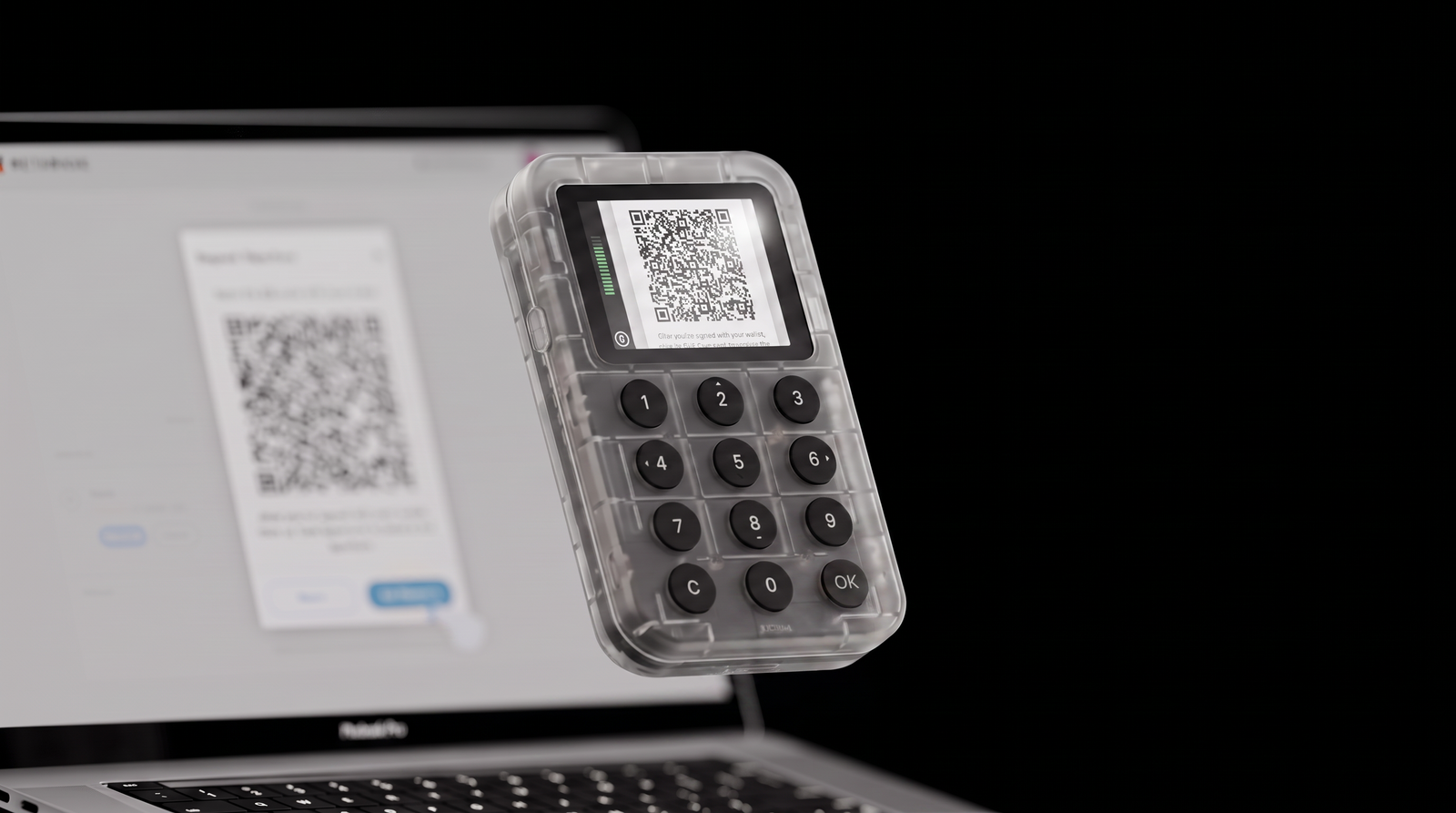 Keycard Shell signing a transaction over QR in front of a laptop
